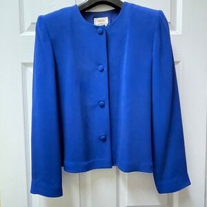 Vintage Talbots Sz 10 Blue 100% Silk 2 Piece Suit Set Long Sleeve Jacket Pants